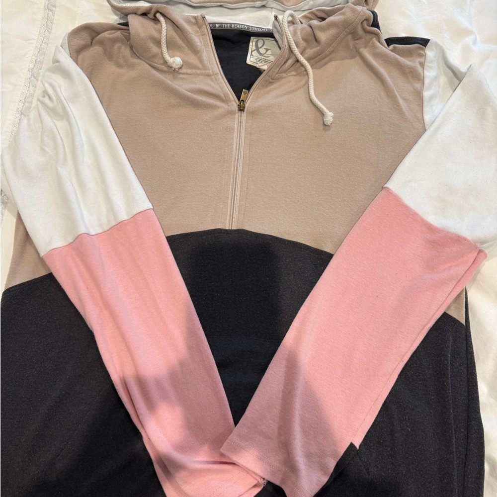 AMPERSAND AVE Colorblock Hoodie - Tan, Pink, Black, White